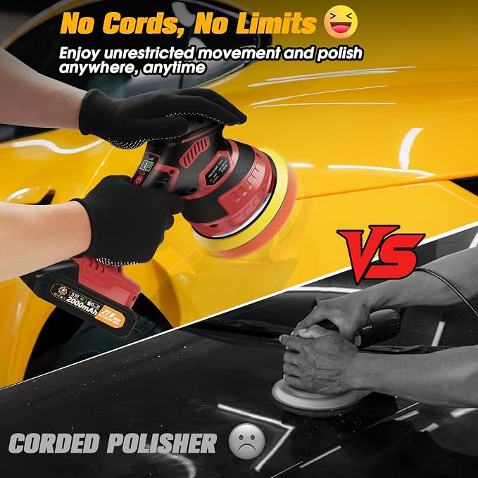 Cordless Car Buffer Polisher kit, DA Polisher with 2*21V Batteries | 2x 21V 2000mAh Batteries, 6-speed, LED Display, Random Orbital, 18 pcs Assorted Polishing Pads for Car Detailing-Red