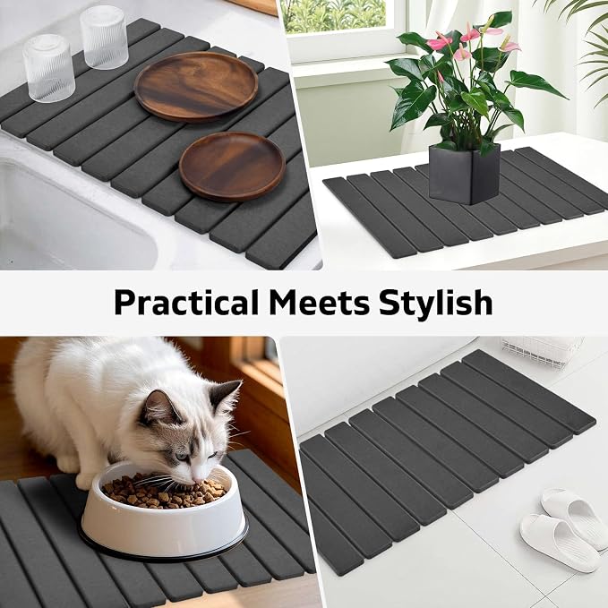 Large Stone Dish Drying Mat for Kitchen Counter, Quick Dry Dish Drying Mats, Foldable Absorbent Diatomaceous Earth Mats for Plate Rack Bottles Cups, Match Any Countertop (Dark Gray 24"×16" & 8"x4")