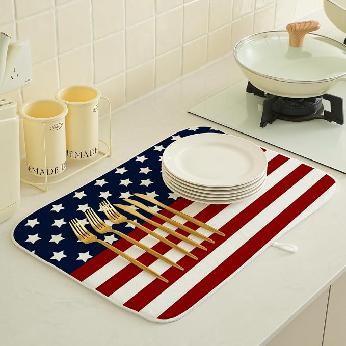 4th of July Dish Drying Mat 18x24 Inch Navy Blue Red Flag Stars Patriotic Drying Mat Independence Day Memorial Day Absorbent Dish Drying Pad Dish Rack Drainer Mats for Kitchen Dining Counter