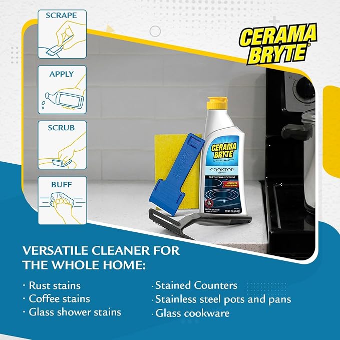 Cerama Bryte - Cooktop Cleaning Kit - Includes 10 oz. Bottle of Cerama Bryte Cooktop Cleaner, 2 Cleaning Pads, 1 POW-R Grip Pad Tool and 1 Scraper packed in Reusable Container, White (SYNCHKG114607)