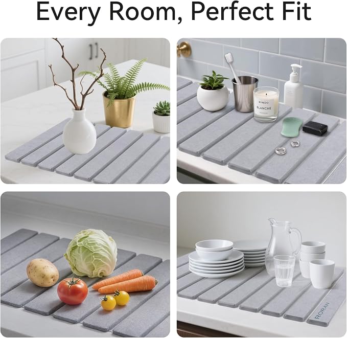 Stone Drying Mat for Kitchen Counter, 24"(L)×16"(W), Drying Matt Kitchen Counter, Quick Dry Stone Dishes Mats, Foldable Diatomaceous Earth Mat (Dove Gray)