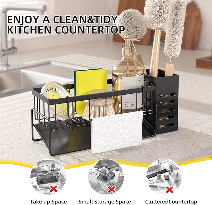 Kitchen Caddy Sink Organizer,Sponge Holder with Dish Brush Holder,Sponge Caddy Soap Dispenser Storage,304 Stainless Steel Kitchen Sink Accessories Over the Sink Shelf