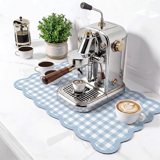 Scalloped Gingham Coffee Mat 12" x 20" Absorbent Coffee Bar Mat Gingham Espresso Matt for Counter(Light Blue)