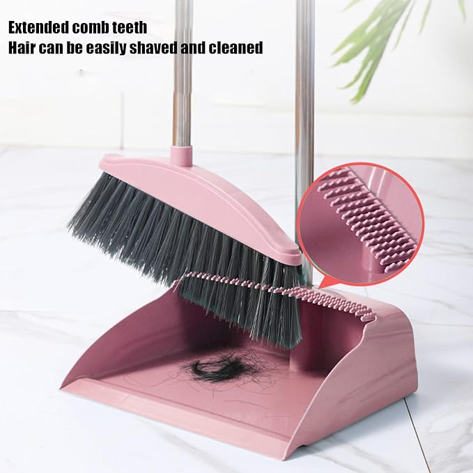 Broom and Dustpan Set for Home Indoor 180 Rotatable Broom with Dustpan Combo Set for Office Home Kitchen Lobby Floor Cleaning Broom Dustpan for Indoor & Outdoor Sweeping (Pink)