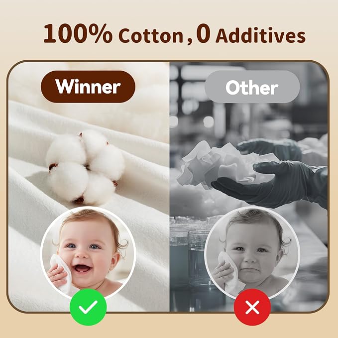 Winner 100% Cotton Dry Wipes, USDA Certified Baby Wipes, 33% Thicker & Ultra Soft, Hypoallergenic & Unscented for Baby Sensitive Skin, Wet/Dry for Diaper Changes, Meals & Cleanup, Pack of 3, 240 pcs