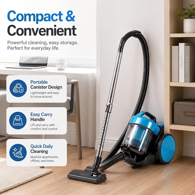 Simple Deluxe Household Portable 16.4Ft Vacuum Cleaner, 16Kpa Bagless Canister Cleaner, Lightweight Powerful Vacuum for Carpets and Hard Floors, with Washable HEPA Filter, Blue