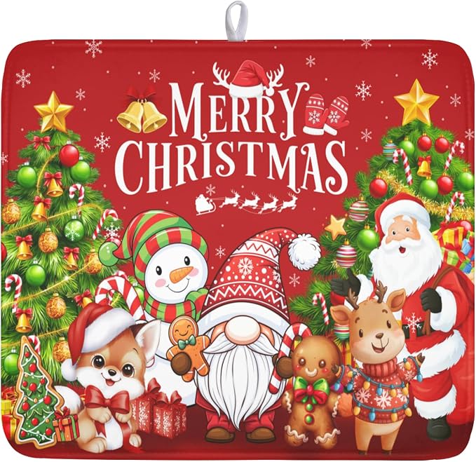 Merry Christmas Dish Drying Mat for Kitchen Counter 16x18 Inch | Xmas Theme Snowman Santa Claus Trees Pattern Dish Drainer Mat Rustic Holiday Absorbent Washable Drying Pad