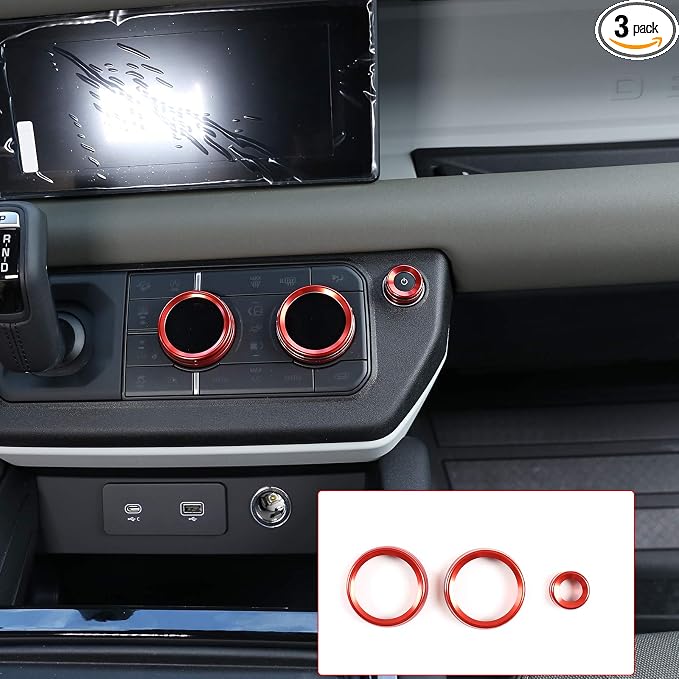 Aluminum Alloy Car Interior Air Conditioning & Volume Adjustment Knobs Decorative Cover Trim for Land Rover Defender 110 2020 Accessories (Red)