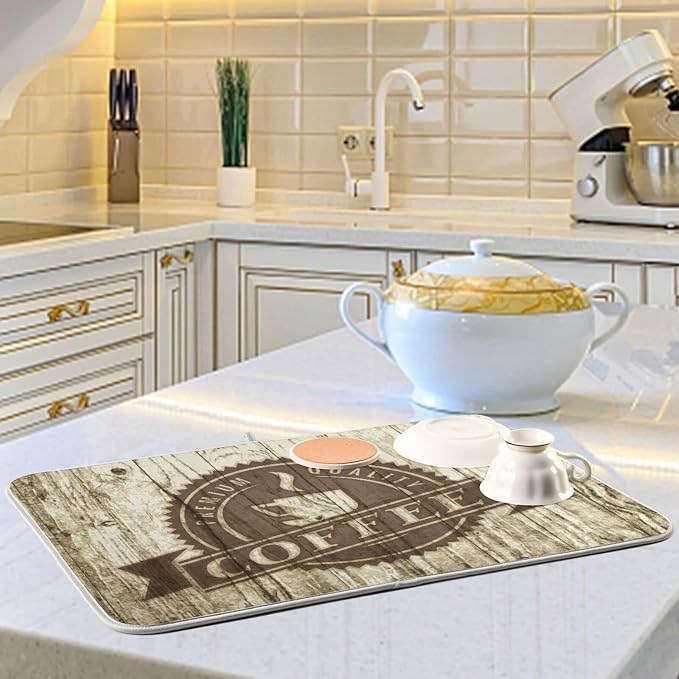 Super Absorbent Dish Drying Mat, Microfiber Fast-Drying Dish Mat, 24" x 18", Kitchen Dish Drying Pad, Retro Coffee Old Beans Vintage Wood