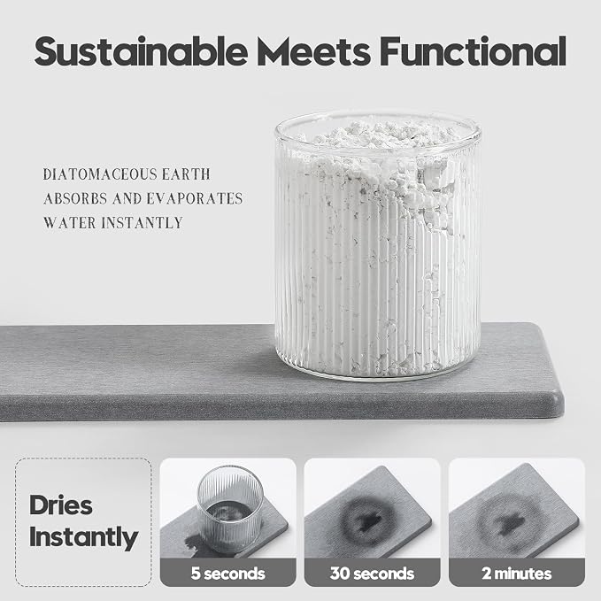 Razborci 3PCS Bathroom Sink Vanity Trays, Quick Stone Drying Mat Dish Soap Dispenser Sponge Holder for Kitchen Counter, Diatomaceous Earth Water Absorbing Caddy Organizer, Light Grey