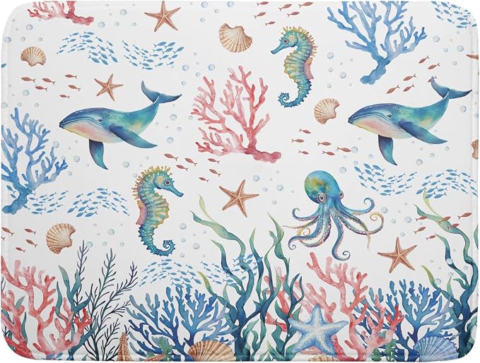 Giwawa Coastal Ocean Dish Drying Mat Seahorse Whales Drainer Rack Mats 18"x24" Absorbent Microfiber Dish Drying Pad Protector for Kitchen Counter