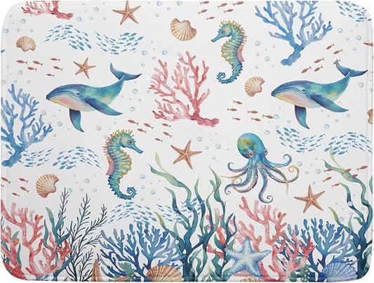 Giwawa Coastal Ocean Dish Drying Mat Seahorse Whales Drainer Rack Mats 18"x24" Absorbent Microfiber Dish Drying Pad Protector for Kitchen Counter