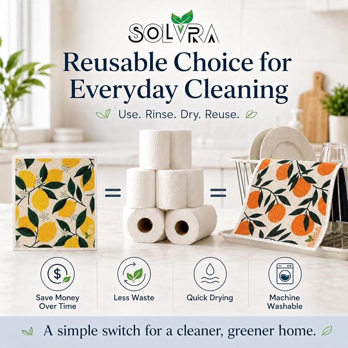 5 PCS Fruit Print Swedish Dishcloths for Kitchen 100% Biodegradable, Reusable Cellulose Sponge Cloths Ultra Absorbent, Eco Friendly Cleaning Towels Dishcloths for Washing Dishes & General Cleaning
