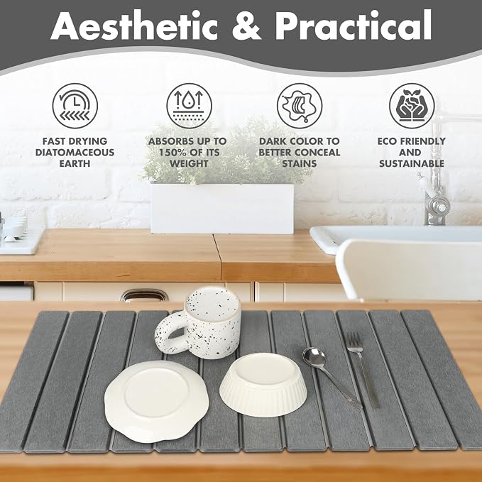 Extra Large Stone Dish Drying Mat for Kitchen Counter, 28"×16" Eco-friendly,Instant Drying Pad,Diatomaceous Earth Water Absorbing Mat, Foldable and Super Absorbent Dish Drying Stone Mat, Dark Gray