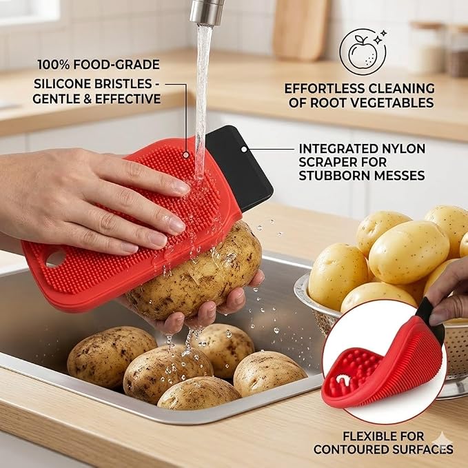 3-in-1 Silicone Dish Sponge-Food-Grade BPA-Free Cleaning Brush with Dual-Sided Comb&Scraper,Hanging Hole for Easy Storage,Fast-Dry Reusable Kitchen Gadget for Dishes/Fruits/Vegetables (Red 1PCS)