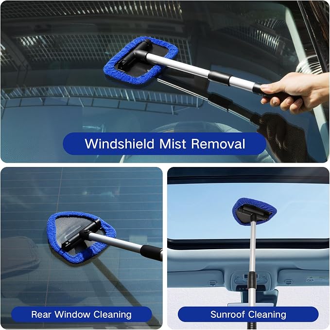 Qydipclin 10pcs Windshield Cleaner Tool, Car Window Cleaning Wash Kit with 4 Reusable Microfiber Pads 1 Spray Bottle and Extendable Handle Auto Glass Wiper Kit, Blue&Gray