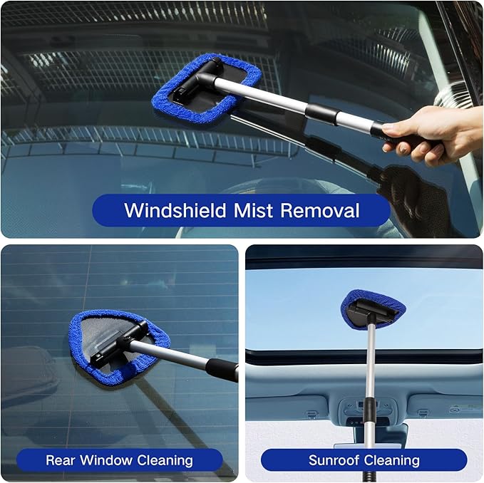 Qydipclin 10pcs Windshield Cleaner Tool, Car Window Cleaning Wash Kit with 4 Reusable Microfiber Pads 1 Spray Bottle and Extendable Handle Auto Glass Wiper Kit, Multicolor