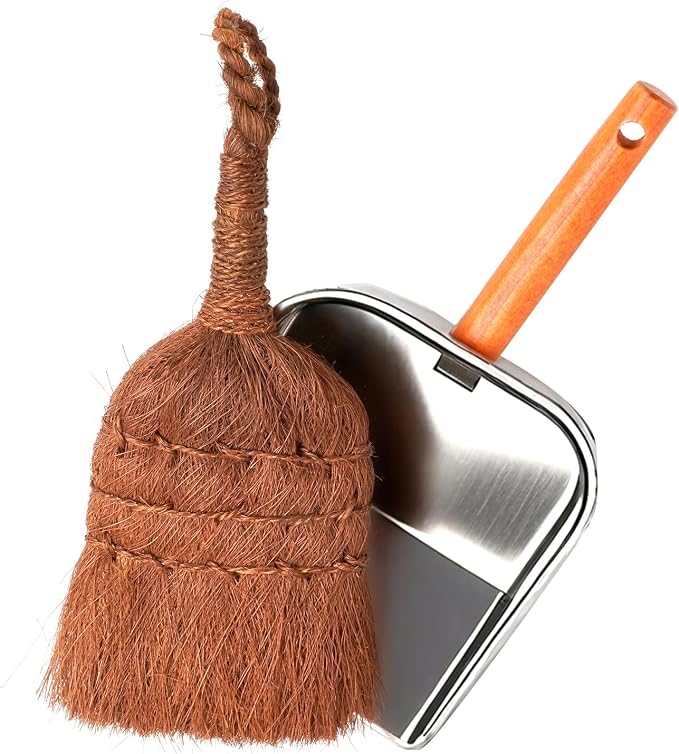 Mini Dustpan and Brush Set, Palm Fiber Handheld Small Broom and Metal Dustpan Combination (Small Broom and Dustpan)