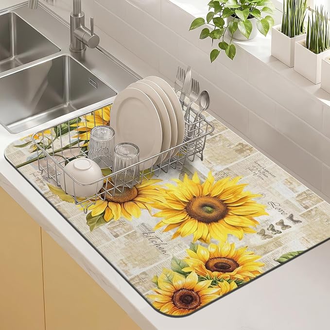 Sunflower Kitchen Countertop Dish Drying Mat,Super Absorbent Coffee Bar Mat for Maker Espresso Machine, Anti-Slip Accessories for Kitchen Countertops 23x15 Inch