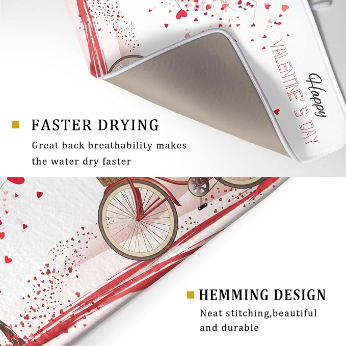 Romantic Valentine's Day Dish Drying Mat for Kitchen Valentines Bike and Tree Dish Drying Pad 18x24 Absorbent Reversible Happy Valentine Dishes Drainer Pad Holiday Dish Drying Rack Mat for Countertop