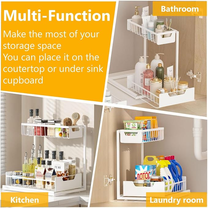 Ceetug Under Kitchen Sink Organizers and Storage, White, 1 Pack | Slide Out Drawer, L-shape, 2 Tier, Cabinet Organizer for Kitchen Bathroom