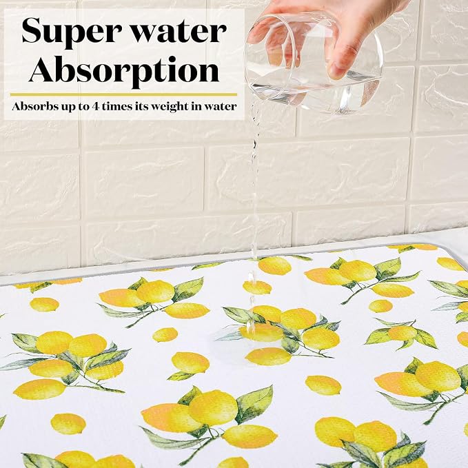 Zonon Dish Drying Mat for Kitchen Counter 16 x 24 Microfiber Absorbent Dish Drainer Rack Pads Fast Dry Mat Vintage Kitchen Decorations(Lemon)
