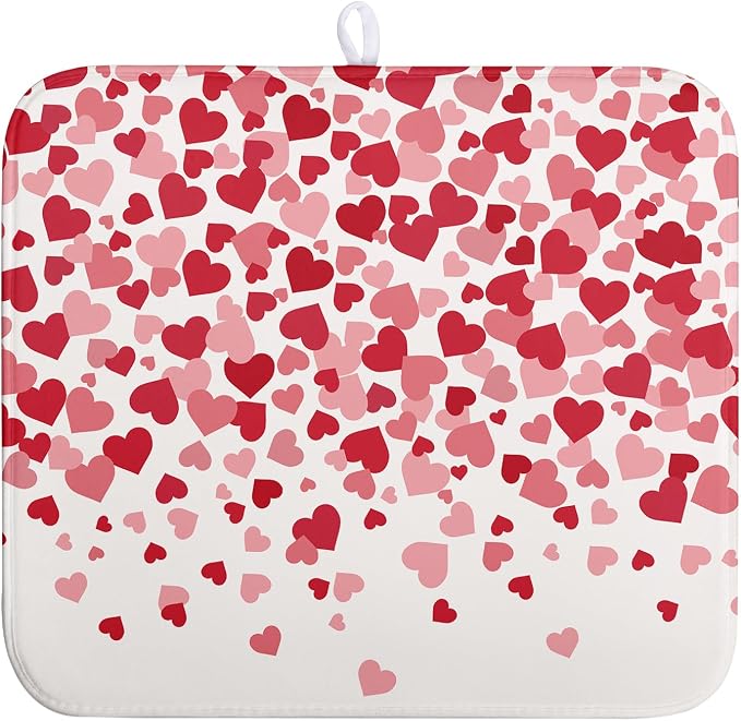 Valentines Dish Drying Mat Pink Red Love Hearts Valentine Drying Mats for Kitchen Counter Absorbent Microfiber Reversible Dish Draining Mat Medium Dishes Pad 16 X 18 Inch