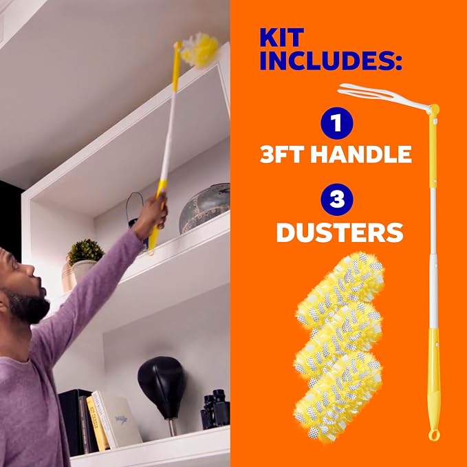 Swiffer Duster Kit with 3 ft Extendable Handle | Includes 1 Duster Extendable Handle (3 ft). 3 Heavy Duty Duster Refills. For Ceiling Fans, Vents, and Hard to Reach Places