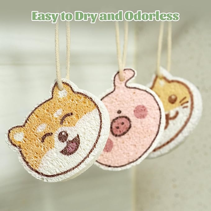 JOYMOOP Cartoon Kitchen Sponge, Non-Scratch Sponges for Dishes, Natural Cellulose Sponges for Cleaning, Reusable Sponge for Household Cleaning - 18 Pcs Mixed Pattern (Kitten, Doggy and Piggy)