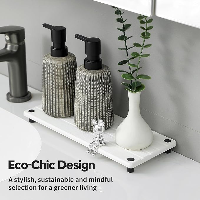 Razborci Instant Dry Sink Caddy Kitchen Sink Organizer, Quick Drying Stone Tray Diatomite Sponge Holder Soap Dish, Bathroom Countertop Fast Dry Water Absorbing Vanity Rack, White, 12" x 5"