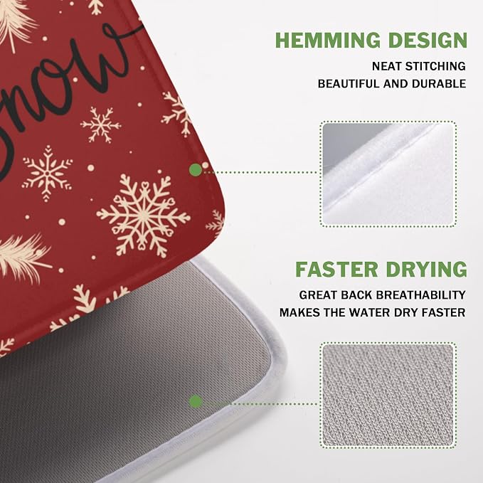 Christmas Snowflake Dish Drying Mat for Kitchen Counter 16x18 Inch | Red Xmas Theme Snowflakes Trees Snowy Dish Drainer Mat Rustic Winter Holiday Absorbent Washable Drying Pad