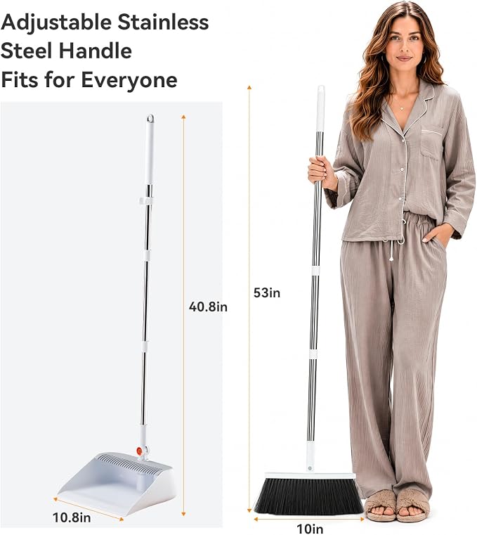 MOPALL Broom with Dustpan Combo Set Collapsible Standing Inc 2 Broom Heads | 53" Long Handle, Self-Cleaning Dust Pan Teeth, 180° Swivel Brooms Head, Upright Standing for Sweeping Indoor Dog Cat Hair