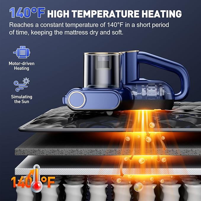 CFBF Mattress Bed Vacuum Cleaner with 16Kpa Suction & 253.7nm UV-C Light | Ultrasonic & High Heating, 500W Powerful Double-Cup Handheld Vacuums for Bed, Sofa, Couch, Crib, 16.4FT Corded
