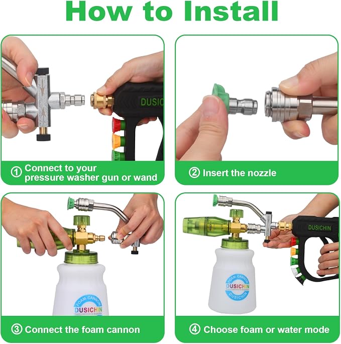 Pressure Washer Gun Foam Cannon Dual Connector Shift Valve, Car Wash Foam Cannon Kit 1/4 Inch Quick Connector 5 Pressure Washer Nozzle Tips Build-in Design Work with A Pressure Washer DUS2703