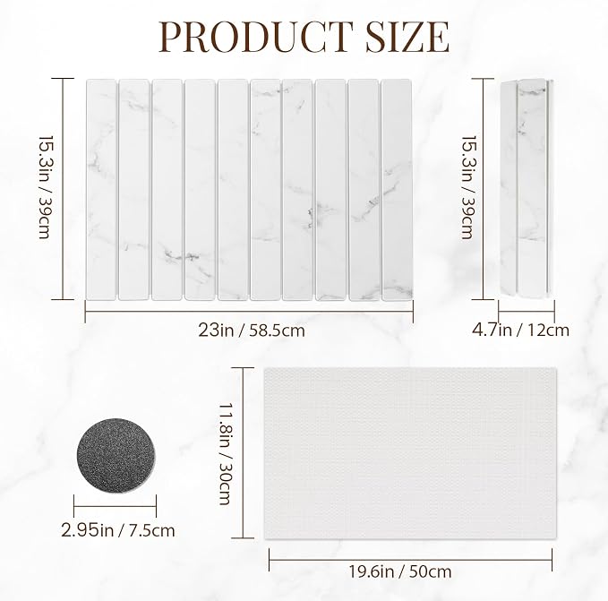 Large Stone Dish Drying Mats for Kitchen Counter 24"(L)×16"(W) Foldable Quick Dry Stone Dish Drying Mats Kitchen Absorbent Diatomaceous Earth Drying Stone Mat for Dishes Bottles Cups Marble White