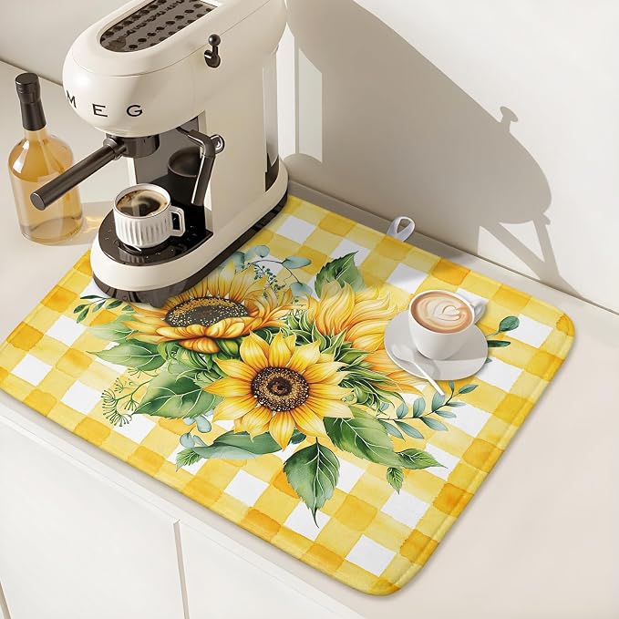 Sunflower Dish Drying Mat 16x18 Inch Absorbent Reversible Summer Sunflower Drying Mat Summer Plaid Dish Drying Rack Mat Yellow Summer Themed Dish Drainer Mat for Kitchen Counter Coffee Bar
