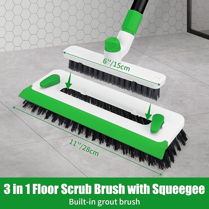 Floor Scrub Brush with Long Handle, 3-in-1 Scrape Scrubber Brush with Squeegee Stiff Bristle Deck Brush for Cleaning Tile Bathroom Patio Deck Garage Grout Kitchen