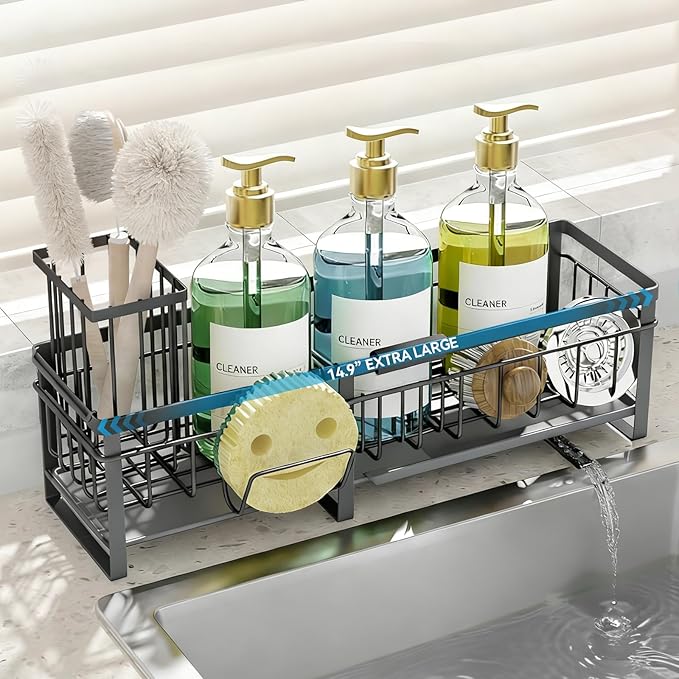 Aurblozen Extra Large Extendable Sponge Holder for Kitchen Sink, Rustproof Sink Caddy Organizer with High Brush Holder, Dish Soap Dispenser Organizers and Storage (Gray)