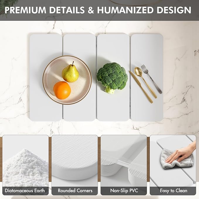 2-in-1 Stone Dish Drying Mat and Bamboo Dish Rack Combo, 24x16 Inch Super Absorbent Fast Dry Diatomaceous Earth Dish Drying Mat, Foldable Space Saver for Kitchen Counter Bathroom Apartment