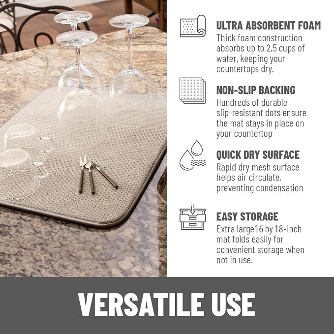 Bellemain XL Dish Mat Microfiber Dish Drying Mat, Super absorbent (Light Grey, 16" x 18")
