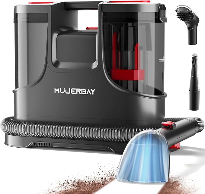 Upholstery Carpet Cleaner, MUJERBAY 15Kpa Portable Spot and Stain Cleaner Shampooer, Easy Move with Handle, 1.5-inch Deep Cleaning Machine for Couch, Stairs, Car and Pet Messes. (Black)