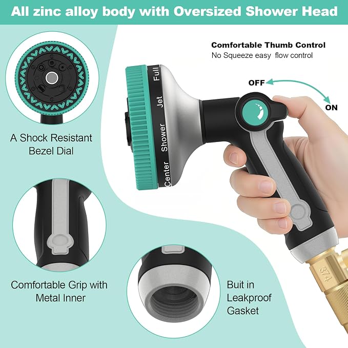 Garden Hose Nozzle | Heavy-Duty Metal Hose Sprayer Nozzle - 9cm/3.5" Ultra-Wide Spray, 8 Adjustable Nozzle Modes, Water Hose Nozzles for Watering, Cleaning, Pets & Car Washing (New Upgraded)