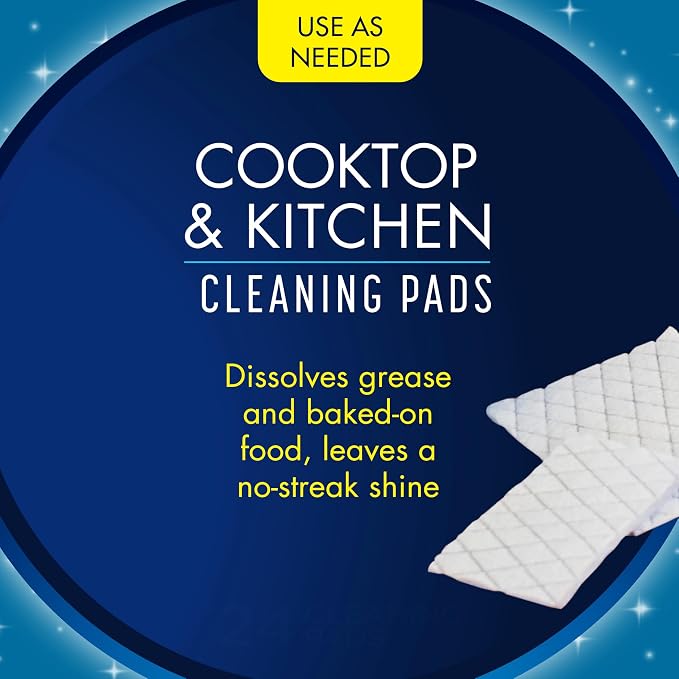 Glisten Cooktop and Kitchen Cleaning Pads for Glass, Gas Ranges, Ovens, Microwaves, and More, Dissolves Grease and Baked on Foods, Lemon Scent, 14 Large Pads or 28 Small Pads
