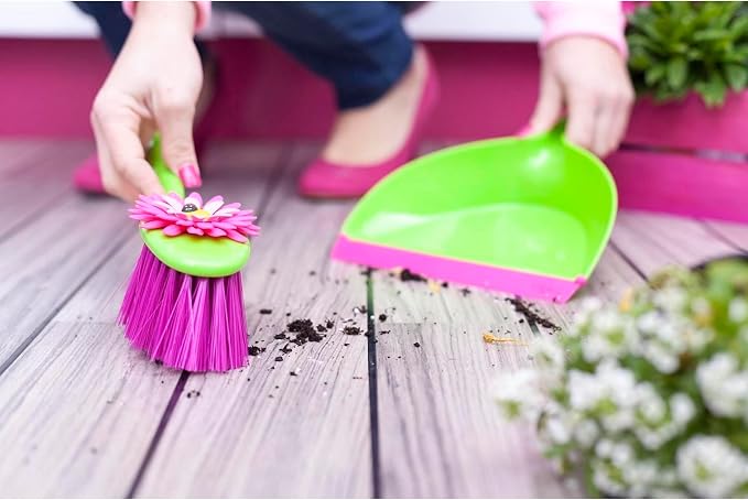 Vigar Flower Power Dust Pan and Brush Set - Mini Broom and Dustpan Set, Handheld Broom and Dustpan Set With Whisk Broom, Small Dustpan and Brush Set, Compact Indoor Sweeper for Countertop - Pink Green