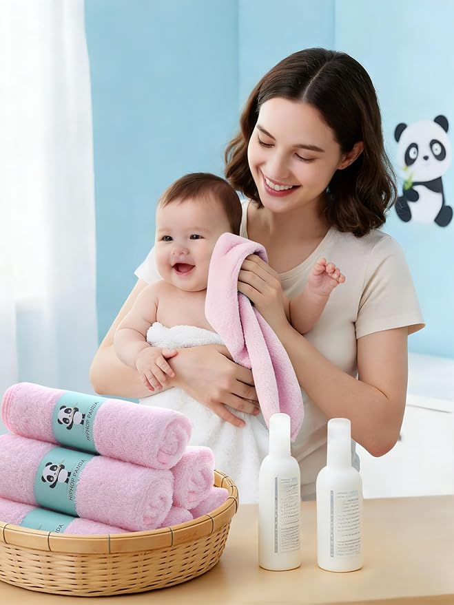 HIPHOP PANDA Baby Washcloths, Rayon Made from Bamboo - 2 Layer Ultra Soft Absorbent Newborn Bath Face Towel - Reusable Baby Wipes for Delicate Skin - Pink, 6 Pack