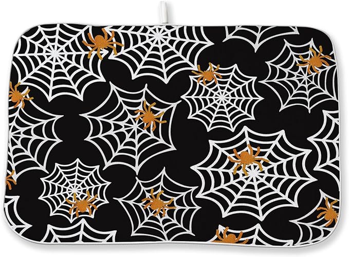 Halloween Dish Drying Mat 18x24 Inch Black Orange Golden Spider Webs Drying Mat Fall Autumn Holiday Absorbent Dish Drying Pad Dish Rack Drainer Mats for Kitchen Dining Counter