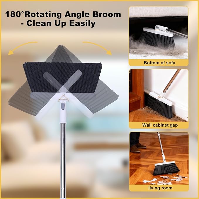 Heavy Duty Broom and Standing Dustpan Combo Set, Rotatable Head Dust Pan and Brush Set with Collapsible Handle, Cleaning Teeth, Hanging Loop, Ideal for Pets, RV, Kitchen, Camping, Outdoor Floor, White