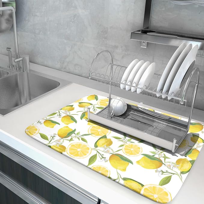 Lemon Dish Drying Mat for Kitchen Counter Spring Summer Microfiber Absorbent Dish Draining Reusable Washable Foldable Extra Large 18"x24"