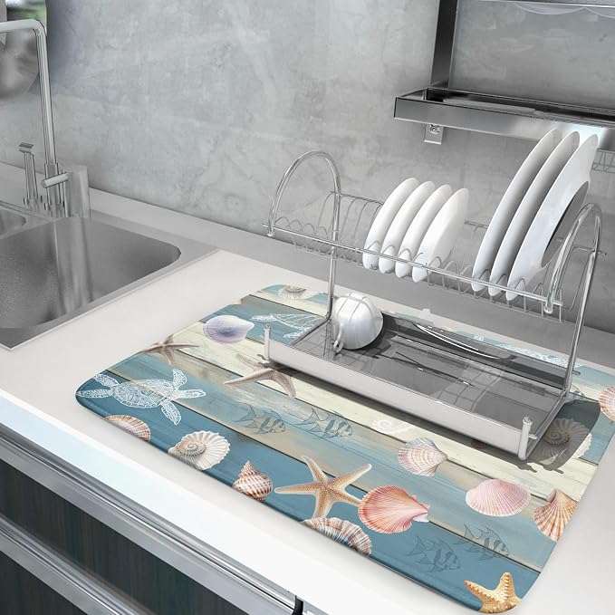 Giwawa Coastal Starfish Dish Drying Mat Summer Sea Turtle Drainer Rack Mat Absorbent Microfiber Kitchen Countertop Protector Dishes Pad 18x24 inch