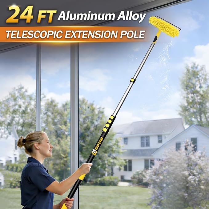 30 Feet High Reach Squeegee Window Cleaner Kit with 5-24Ft Extension Pole | 2 in 1 Window Cleaning Tool w/ 6-Stage Telescopic Pole &Rotatable Head,Window Washing Equipment for Solar Panel,RV,Car Glass